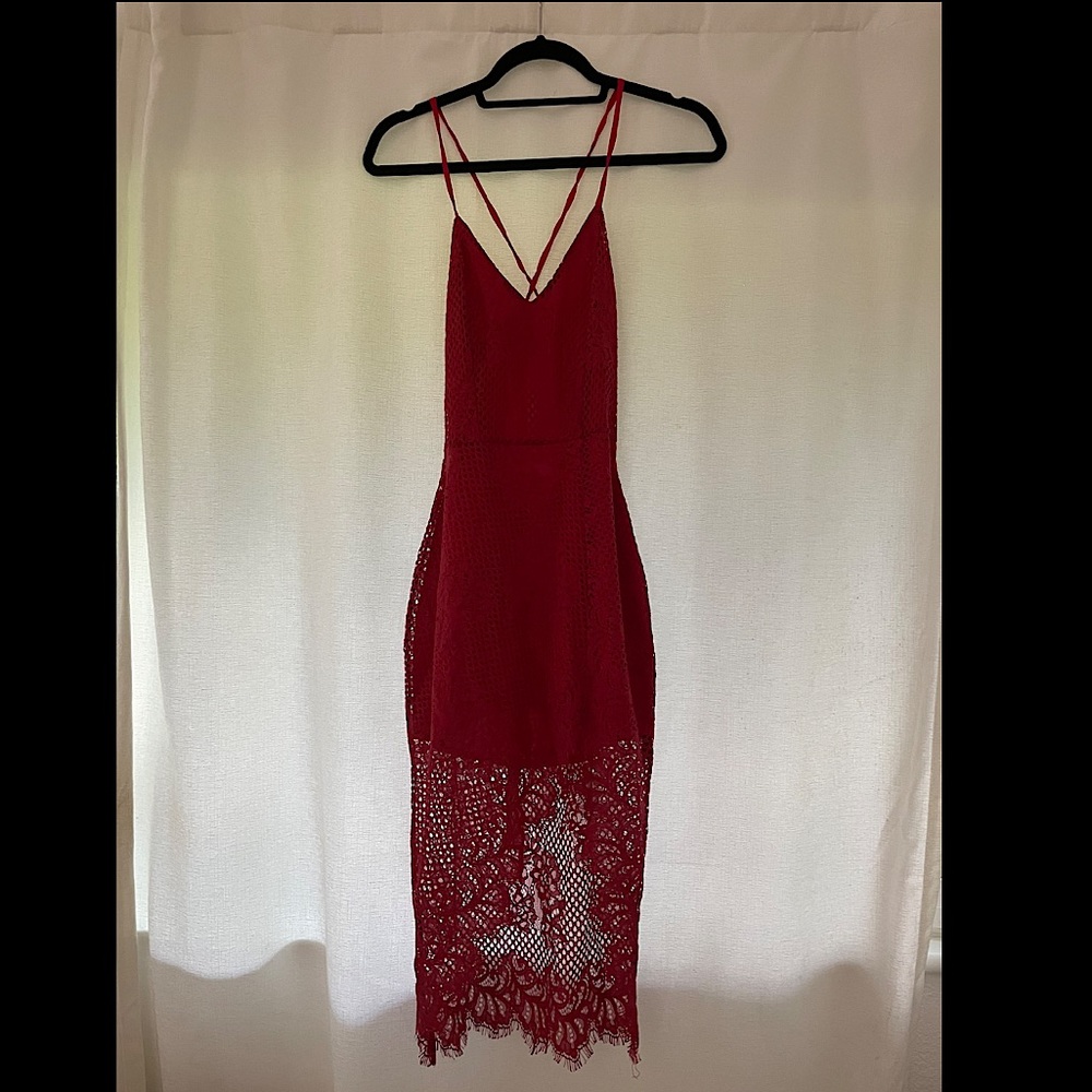 Love Shack Fancy Red Lace Midi Dress